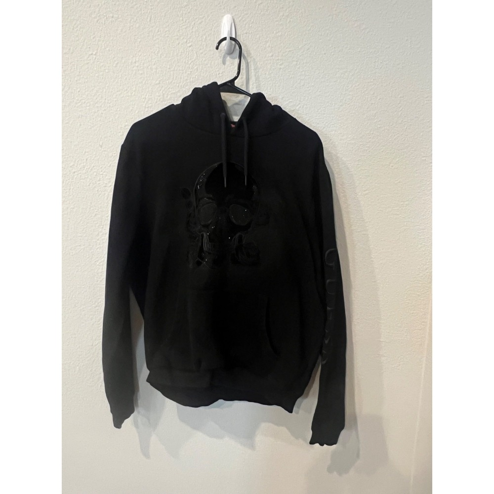 GUESS Los Angeles Skull Roses Rhinestone Black Hoodie Men's Large Pullover